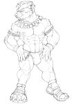  2020 4_fingers 4_toes abs absurd_res alternate_version_at_source anthro arm_tuft armband big_biceps big_muscles big_pecs big_quads bristol bulge cheek_tuft chin_tuft claws closed_smile clothed clothing deltoids digital_drawing_(artwork) digital_media_(artwork) elbow_tufts facial_hair facial_tuft feet fingers footwear front_view full-length_portrait goatee half-closed_eyes hand_on_hip head_tuft hi_res humanoid_hands jewelry looking_at_viewer male monochrome muscular muscular_anthro muscular_male narrowed_eyes navel necklace nipples obliques pecs plantigrade portrait sandals serratus simple_background skimpy small_ears speedo standing swimwear thick_neck toes topless topless_anthro topless_male tuft veiny_arms white_background 