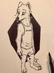  &lt;3 2021 anthro barefoot bottomwear clothing dasyuromorph feet fur hi_res inktober inktober_2021 male mammal marsupial shirt shorts solo standing tank_top theblueberrycarrots thylacine topwear traditional_media_(artwork) 