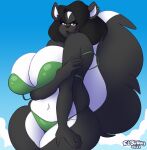  2021 anthro arms_under_breasts big_breasts bikini black_body black_fur black_hair blush breasts cleavage clothed clothing curvy_figure dedoarts detailed_background digital_media_(artwork) ear_piercing female fingers fur green_eyes hair hourglass_figure huge_breasts jade_lockhart lips long_tail looking_at_viewer mammal mephitid multicolored_body multicolored_fur navel outside piercing signature skunk solo standing swimwear thick_thighs two_tone_body two_tone_fur voluptuous white_body white_fur wide_hips 