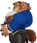  accessory anthro beast_(disney) beauty_and_the_beast black_bottomwear black_clothing black_pants blue_clothing blue_topwear bottomwear brown_body brown_fur clothing fur hair_accessory hair_bow hair_ribbon hi_res hyaku_(artist) looking_at_viewer male monster muscular muscular_anthro muscular_male pants ribbons simple_background solo topwear white_background 