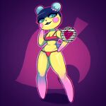  &lt;3 1:1 animal_crossing anthro bangs bikini bikini_bottom bikini_top biped black_hair blush blush_stickers breasts cleavage clothed clothing dialogue eikobiko eyelashes eyelashes_visible_through_hair female gibberish glistening glistening_body hair hand_on_hip hi_res looking_at_viewer mammal nintendo pekoe_(animal_crossing) short_hair short_tail simple_background smile solo stubby_arms swimwear ursid video_games yellow_body 