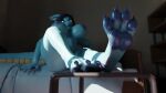  16:9 3d_(artwork) anthro bed bedroom big_breasts blue_body blue_scales breasts claws digital_media_(artwork) dragon feet female foot_fetish foot_focus furniture haavex haavex_(artist) hi_res nipples nude pawpads paws scales sitting solo widescreen 