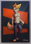 abstract_background anthro canid canine canis furryporky hi_res male mammal pinup pose solo sweatpants teeth wolf 