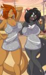  2019 anthro big_breasts black_hair black_nose blush breasts brown_body brown_fur chica_(mastergodai) cleavage clothed clothing curvy_figure detailed_background digital_media_(artwork) dress duo eyelashes felid feline female fingers fur glistening glistening_clothing glistening_dress green_eyes grey_body grey_fur hair hand_behind_head hand_on_hip hi_res inner_ear_fluff jade_lockhart looking_at_viewer lynx mammal mastergodai mephitid multicolored_body multicolored_fur orange_eyes orange_hair outside skunk smile standing teeth thick_thighs tongue tuft two_tone_body two_tone_fur voluptuous webcomic white_body white_fur wide_hips 