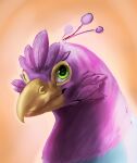  avian beak bird blue_body feathered_crest feathers feral fledermaus000 galliform green_eyes gryphon gyro_feather head_crest male mythological_avian mythology neutral_expression peafowl phasianid pink_body 