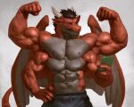  2021 4_arms 4_nipples abs anthro barazoku biceps big_muscles bottomwear brown_hair cellphone claws clothed clothing countershade_torso countershading dated digital_media_(artwork) dragon flexing grey_background grey_body grey_countershading hair hand_on_hip hi_res holding_object holding_phone horn huge_muscles humanoid_pointy_ears male multi_arm multi_limb multi_nipple muscular muscular_anthro muscular_male navel nipples pants pecs phone red_body scalie signature simple_background smartphone smile solo standing taran_fiddler topless topless_male vein veiny_muscles western_dragon wings 