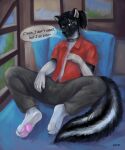  2021 5:6 absurd_res anthro barefoot biped black_collar black_hair black_nose bottomwear clothed clothing collar detailed_background dialogue english_text feet fully_clothed hair hi_res inside lora_mclaren male mammal mephitid pants red_clothing red_shirt red_topwear shirt sitting skunk smile solo speech_bubble text topwear window 