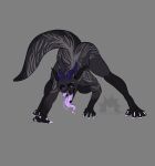  2021 4_toes anthro biped breasts canid canine catstruction feet female grey_background herm_(lore) hi_res horn jack-o&#039;_pose mammal pink_eyes pose purple_horn simple_background solo toes tongue tongue_out 