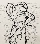  2021 african_wild_dog anthro canid canine cheek_tuft facial_tuft fur head_tuft hi_res inktober inktober_2021 inner_ear_fluff male mammal milo_(juantriforce) solo spots spotted_body spotted_fur theblueberrycarrots traditional_media_(artwork) tuft wet wet_body wet_fur 