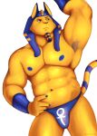  2021 abs absurd_res animal_crossing ankh ankha_(animal_crossing) anthro armpit_hair barazoku big_muscles blue_nipples body_hair bulge claws clothing crossgender domestic_cat egyptian eyebrows felid feline felis ftm_crossgender hand_on_hip headdress hi_res male mammal muscular muscular_anthro muscular_male navel nintendo nipples pecs simple_background solo standing thong towelthebear underwear video_games white_background yellow_body 
