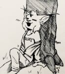  2021 anthro barefoot bottomwear cheek_tuft clothed clothing facial_tuft feet felid feline fully_clothed head_tuft hi_res inktober inktober_2021 inner_ear_fluff lynx male mammal marc_(theblueberrycarrots) pants plant shirt sitting solo t-shirt theblueberrycarrots topwear traditional_media_(artwork) tree tuft 