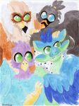  4_ears anthro avali avali_(original) avian beak bird bird_feet blue_body blue_feathers countershading feathered_crest feathered_wings feathers female feral galliform green_body green_eyes group gryphon gyro_feather head_crest hi_res luvashi male multi_ear mythological_avian mythology peafowl phasianid pink_body quadruped reallycoykoifish ruzeth serilde winged_arms wings zebra_finch 