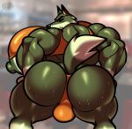  2021 animal_crossing anthro areola barely_contained big_butt big_muscles bobthetanuki bodily_fluids bulge butt canid canine canis clothing crop_top dobie_(animal_crossing) eyebrows fur green_body green_fur hands_on_thighs himbo_hooters huge_butt huge_muscles huge_pecs hyper hyper_muscles hyper_pecs inside looking_at_viewer looking_back male male_breasts mammal mature_anthro mature_male multicolored_body multicolored_fur muscular muscular_anthro muscular_male nintendo nipples orange_clothing orange_crop_top orange_thong orange_underwear presenting presenting_hindquarters restaurant shirt signature solo standing sweat sweaty_back sweaty_butt thong topwear two_tone_body two_tone_fur underwear video_games wolf 