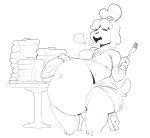  absurd_res animal_crossing anthro belly big_belly bodily_fluids bottomwear canid canine canis clothing domestic_dog drooling female food hi_res isabelle_(animal_crossing) mammal monochrome navel nintendo open_mouth overweight overweight_female pancake peculiart pencil_skirt saliva shih_tzu skirt solo stuffing thick_thighs toy_dog video_games weight_gain 