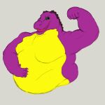  1:1 absurd_res alligator alligatorid anthro belly big_belly crocodilian flexing green_eyes hi_res kazamah looking_at_viewer male moobs obese overweight purple_body reptile scalie sergio_the_buff smug solo toothy_grin waist_up yellow_belly 