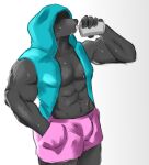  abs anthro biceps bottomwear bulge canid canine canis clothing drinking hands_in_pockets hi_res male mammal musc muscular muscular_anthro muscular_male nyanhan pecs pockets shorts sleeveless_hoodie solo wolf 