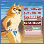  1:1 2021 2d_animation advertisement animated anthro artist_name blue_border border bulge cactus canid canine canis claws clothing coyote day desert digital_media_(artwork) english_text fur grass grumpyfart hand_behind_head hand_on_hip hi_res hill internet inviting jockstrap looking_at_viewer loop male mammal outside parody pixel_(artwork) pixel_animation plant sand short_playtime smile solo standing tail_motion tailwag teeth text thrusting tuft underwear 