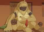  angoramon anthro balls bandai_namco belly digimon digimon_(species) digimon_ghost_game erection fur genitals hair_over_eyes hi_res lagomorph leporid long_ears male mammal musical_note overweight pawpads penis pokegontc rabbit solo tapering_penis yellow_body yellow_fur 