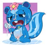  absurd_res anthro blue_body blush bodily_fluids buckteeth crying eyelashes female genitals happy_tree_friends hi_res mammal mephitid nude open_mouth petunia_(htf) pussy shower simple_background skunk tears teeth tongue uyu water wet 