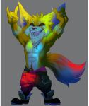  2018 abs aged_up anthro arm_markings arm_tuft armpit_hair belly biceps big_tail black_speedo blue_body blue_ears blue_fur blue_tail body_hair bottomwear bristol brown_pubes cheek_tuft chin_tuft claws clothed clothing colored devil_horns_(gesture) digital_drawing_(artwork) digital_media_(artwork) dipstick_ears dipstick_tail elbow_tufts empty_eyes facial_markings facial_tuft fluffy fluffy_tail footwear front_view full-length_portrait fur gesture gnar_(lol) grey_background head_markings humanoid_hands jewelry k/da league_of_legends light male mammal manly markings multicolored_belly multicolored_body multicolored_ears multicolored_fur muscular muscular_anthro muscular_male necklace open_mouth open_smile orange_arms orange_body orange_ears orange_face orange_fingers orange_fur orange_hands orange_legs orange_tail pants pecs pink_mouth pink_nose pink_tongue portrait purple_bottomwear purple_clothing purple_inner_ear purple_pants purple_speedo riot_games shaded shoes simple_background smile standing tail_markings tail_tuft tongue topless topless_anthro topless_male tuft two_tone_arms two_tone_belly two_tone_ears two_tone_face two_tone_tail video_games white_arms white_belly white_body white_chest white_claws white_face white_fur white_markings yordle 