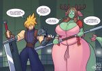  aerith_gainsborough anthro big_breasts breasts buster_sword cleavage clothed clothing cloud_strife cobatsart cosplay dialogue dragon english_text female final_fantasy final_fantasy_vii herald_(cobat) hi_res holding_object holding_staff holding_sword holding_weapon huge_breasts human male mammal maple_(cobat) melee_weapon speech_bubble square_enix staff sword text video_games weapon 