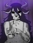  &lt;3 3:4 anthro black_sclera bovid bovine breasts cattle chango-tan chango_the_cow choker cleavage clothed clothing colored_nails ear_piercing fangs female fishnet fishnet_armwear hair hi_res horn jewelry long_hair looking_at_viewer mammal nails necklace piercing red_eyes solo topwear 