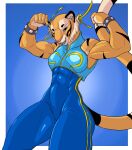  5_fingers abs anthro black_body black_fur blue_eyes border breasts capcom chun-li clothed clothing cosplay f_draws felid female fingers fur hi_res looking_at_viewer lu_(f_draws) mammal multicolored_body multicolored_fur muscular muscular_anthro muscular_female orange_body orange_fur pantherine portrait solo standing street_fighter striped_body striped_fur stripes thick_thighs three-quarter_portrait tiger video_games white_body white_border white_fur wide_hips 
