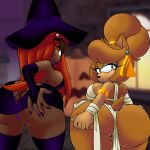  1:1 absurd_res anthro big_breasts big_butt breasts butt dark_body dark_skin duo eulipotyphlan fan_character female halloween halloween_costume hedgehog hi_res holidays mammal moralde10 mummy_costume overweight porcupine rodent sega short_stack sonic_the_hedgehog_(series) witch_costume 