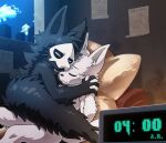 2018 anthro black_body black_fur canid canine canis changed_(video_game) clock detailed_background digital_clock duo eyes_closed fur goo_creature hand_holding inside leo_volcano lin_(changed) male male/male mammal mask nude puro_(changed) sleeping white_body white_fur wolf 