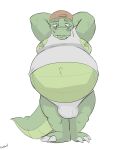  2021 anthro backwards_hat belly big_belly bulge canson claws clothing crocodile crocodilian crocodylid fangs green_body green_skin hands_behind_head hat headgear headwear hi_res male moobs navel nipple_piercing nipples overweight piercing reptile scalie shirt simple_background solo tank_top topwear underwear white_background 