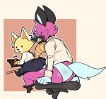  &lt;3 aggressive_retsuko ailurid anthro bodily_fluids bottomwear bulge chair clenched_teeth clothed clothing duo footwear fur furniture haida hi_res hyaenid keyboard_(computer) male mammal multicolored_body multicolored_fur office_chair on_lap pants pants_down partially_clothed pink_body pink_eyes pink_fur red_panda resasuke sanrio sharp_teeth shirt shoes sitting_on_lap size_difference spotted_hyena submarine_screw sweat teal_underwear teeth topwear two_tone_body two_tone_fur underwear yellow_body yellow_fur 