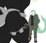 anthro big_butt boots butt clothed clothing dialogue duo fish flexet_(photolol.03) footwear hi_res john_(photolol.03) male male/male marine muscular muscular_anthro muscular_male photolol.03 shark shark_tail simple_background text thick_thighs tight_clothing wide_hips 