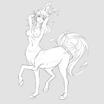  1:1 breasts centaur equid equid_taur female grey_background hair hands_behind_head humanoid_taur long_hair mammal mammal_taur monochrome nipples nude raised_leg simple_background solo squiddy_syddy taur 