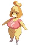  absurd_res animal_crossing anthro belly big_breasts breasts canid canine cleavage clothed clothing english_text featureless_crotch female footwear forastero hair hi_res huge_breasts isabelle_(animal_crossing) mammal nintendo ponytail shirt short_stack slightly_chubby socks solo t-pose text thick_thighs topwear video_games wide_hips 