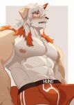  abs arknights bulge canid canine canis clothed clothing erection erection_pushing_underwear erection_under_clothing hachi_duchi hair hi_res hung_(arknights) hypergryph male mammal muscular nipples orange_clothing orange_eyes orange_hair pecs simple_background solo studio_montagne tuft underwear video_games white_hair 