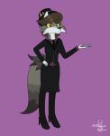  2_horns anthro bottomwear brown_hair canid canine canis cervid clothing digital_drawing_(artwork) digital_media_(artwork) eyelashes eyeshadow fan_character fedora female fluffy fluffy_tail formal_wear fur green_eyes grey_body grey_fur hair hand_on_hip hat headgear headwear high_heels holding_object horn hybrid legwear looking_away makeup mammal multi_tail necktie office_clothing paper schlephttantha(strayedanima) shirt simple_background simple_coloring skirt solo standing stockings strayed_anima suit topwear watermark white_body white_fur wolf wolfalyon yellow_eyes 