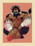  absurd_res anthro balls beard big_balls big_muscles big_pecs big_penis black_hair blush brown_body brown_fur clothed clothing crouching cursedmarked eyes_closed facial_hair felid final_fantasy final_fantasy_xiv fur genitals hair hi_res horn hrothgar huge_balls huge_penis male mammal muscular muscular_anthro muscular_male nipple_tape nipples partially_clothed pasties pecs penis smile solo square_enix tape thong underwear video_games 