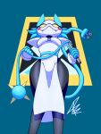  3:4 android anthro arkell_art blue_hair blush breasts darkner deltarune domestic_cat fangs felid feline felis female hair hi_res holding_object holding_whip looking_at_viewer low-angle_view machine mammal robot smile solo standing tasque_manager undertale_(series) video_games whip wide_hips yellow_eyes 