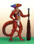  anthro barbarian bottomwear claws clothing digitigrade hand_on_hip headgear headwear hi_res holding_object holding_weapon icy-marth jewelry loincloth male melee_weapon necklace red_body reptile scalie shield simple_background sketch snake standing toe_claws weapon yellow_sclera 