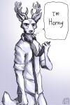  animal_genitalia anthro antlers artist_name balls beastars bottomless cervid cigarette clothed clothing english_text genitals hi_res horn looking_at_viewer louis_(beastars) male mammal monochrome necktie penis penis_tip portrait sheath short_tail simple_background solo standing sunny_frostwolf text three-quarter_portrait 