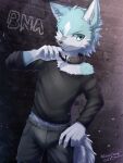  2020 3:4 5_fingers anthro biped black_collar bottomwear brand_new_animal bulge canid canine canis claws clothed clothing collar dated fingers fur hi_res ivan-jhang looking_at_viewer male mammal one_eye_closed outside raised_arm shirou_ogami solo standing studio_trigger topwear white_body white_fur wolf 