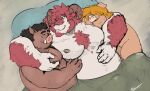  2021 anthro bedding belly blanket bovid brown_body bulge caprine embrace eyes_closed goat group hug humanoid_hands lying male male/male mammal moobs nipples overweight overweight_male pillow pure_command red_body sleeping suid suina sus_(pig) white_body wild_boar 