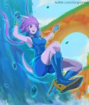  absurd_res action_pose anthro boots breasts clothed clothing dragon female footwear freedom_planet gloves gorgromed hair handwear hi_res horn hybrid long_hair mammal open_mouth pose purple_body purple_hair red_eyes sash_lilac solo text url video_games waterfall 