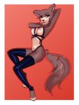  3:4 alonsy anthro beastars breasts canid canine canis female harness hi_res juno_(beastars) latex_harness latex_stockings mammal nipples red_background rubber simple_background solo wolf 