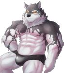  anthro black_goo black_nose blush bulge canid canine canis clothed clothing domestic_dog eyes_closed fur hi_res lifewonders live-a-hero male mammal monomasa muscular muscular_anthro muscular_male nipples serenaught simple_background solo spitz underwear underwear_only video_games white_background white_body white_fur 