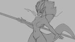 16:9 anthro asian_mythology breasts dragon east_asian_mythology eastern_dragon female fighting_pose genitals monochrome mythology nude pose pussy scalie simple_background small_breasts solo staff watsup widescreen 