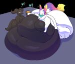  &lt;3 4_ears anthro belly belly_press big_belly big_butt blush breasts burger butt cel_shading dae_(daebelly) digital_media_(artwork) duo expansion fat_rolls feeding female female/female food fur huge_butt immobile love_handles mammal morbidly_obese morbidly_obese_female multi_ear multicolored_ears multicolored_tail obese obese_female overweight overweight_female scalie shaded simple_background thick_thighs troplilly weight_gain white_body wide_hips 