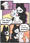  2018 anthro black_body black_fur blue_eyes bodily_fluids canid canine canis changed_(video_game) comic crying dialogue duo ears_back embrace english_text eyes_closed fchicken fur goo_creature hug lin_(changed) mammal mask open_mouth pivoted_ears puro_(changed) speech_bubble tears text white_body white_fur wolf 