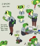  amphibian angry anthro bottomwear clothing computer eyes_closed female flute frog hat headgear headwear hi_res korean korean_text laptop long_tongue musical_instrument musical_note office_clothing office_lady pencil_skirt shurueder skirt solo text tongue tongue_out wind_instrument woodwind_instrument yellow_eyes 