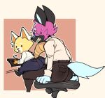  aggressive_retsuko ailurid anthro bodily_fluids bottomwear bulge chair clenched_teeth clothed clothing duo footwear fur furniture haida hi_res hyaenid keyboard_(computer) male mammal multicolored_body multicolored_fur office_chair on_lap pants pink_body pink_eyes pink_fur red_panda resasuke sanrio sharp_teeth shirt shoes sitting_on_lap size_difference spotted_hyena submarine_screw sweat teeth topwear two_tone_body two_tone_fur yellow_body yellow_fur 